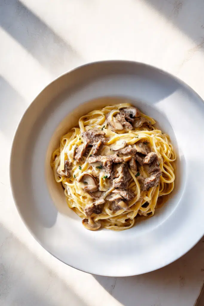 Spinach and Garlic Butter Beef Linguine