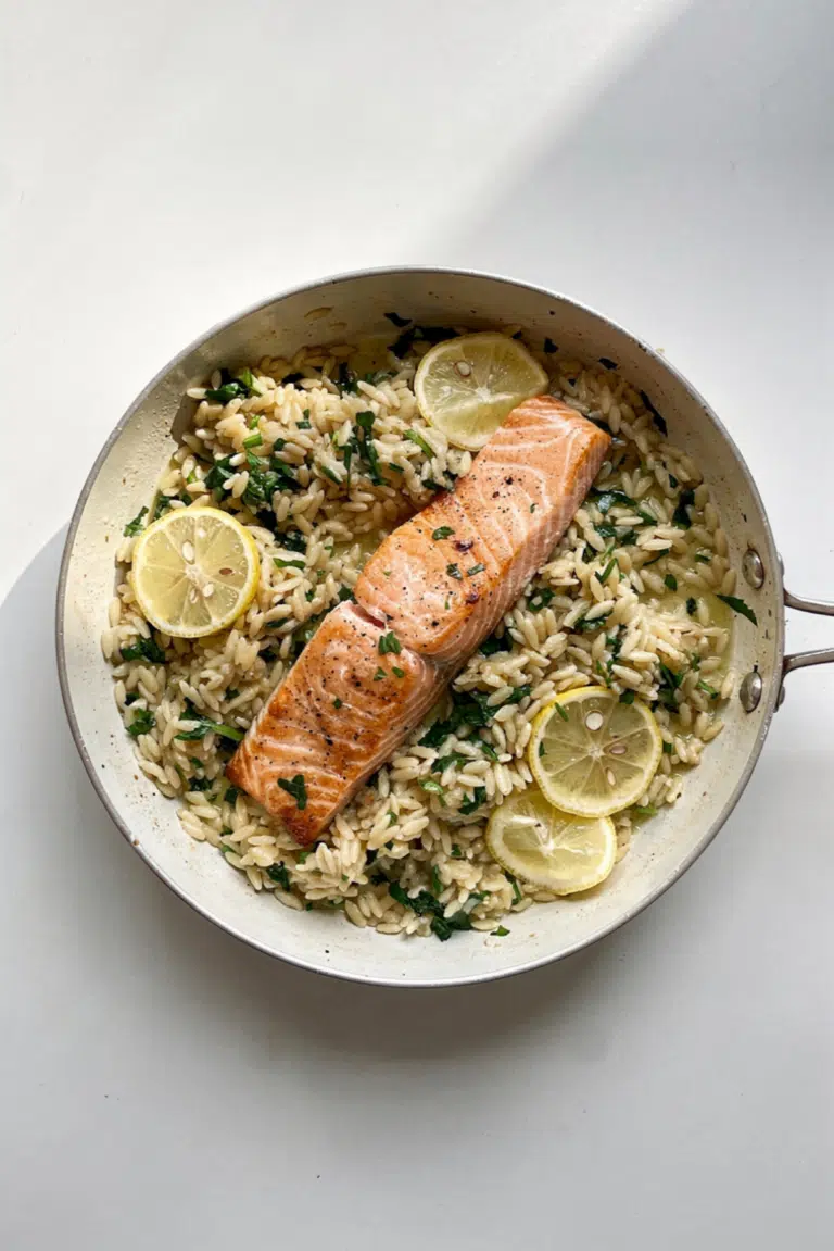One Skillet Salmon with Lemon Orzo Recipe