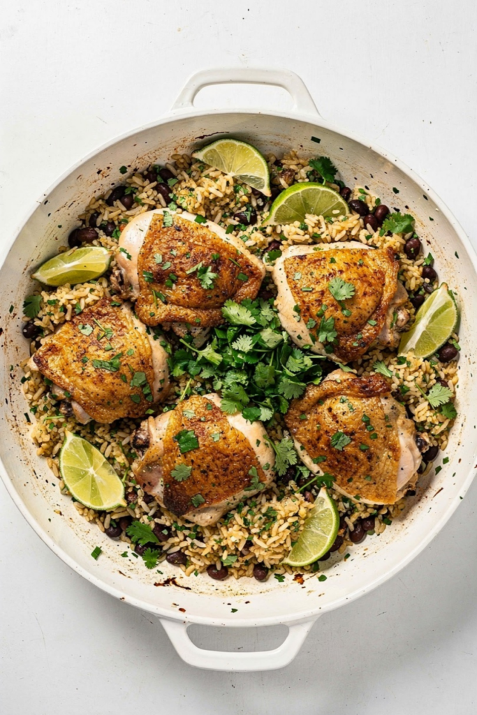 One-Pot Chicken Thighs with Cilantro Rice and Beans