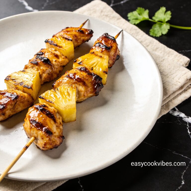 Beautifully plated gluten free grilled chicken and pineapple skewers with vanilla on black marble countertop with caramelized glaze