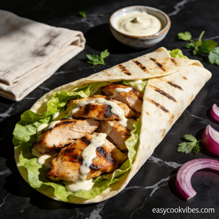 Beautifully plated gluten free grilled chicken shawarma wrap with tahini drizzle on black marble countertop, ready to serve