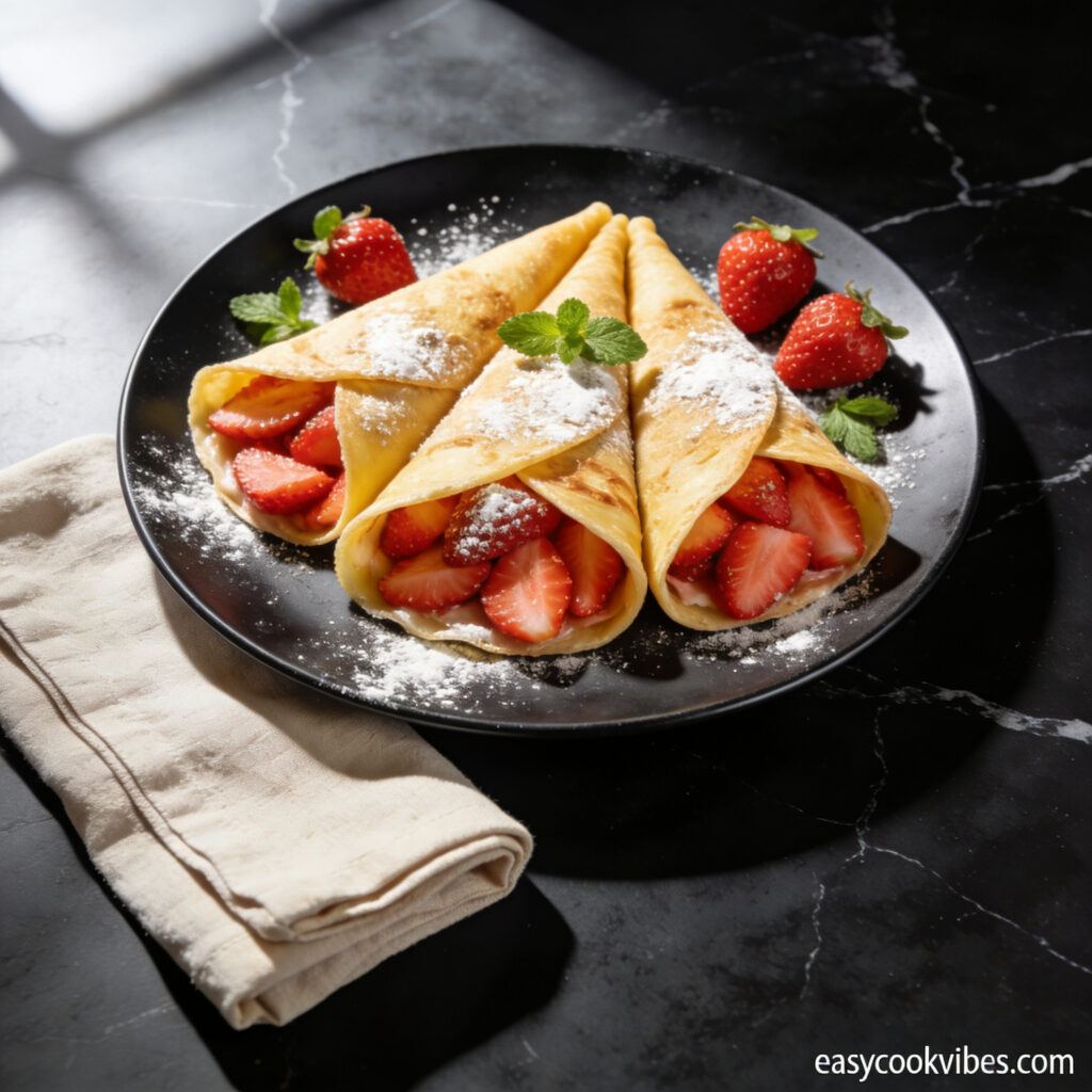 gluten free almond flour crepes dessert with strawberries hero shot — beautifully plated general recipe on black marble countertop