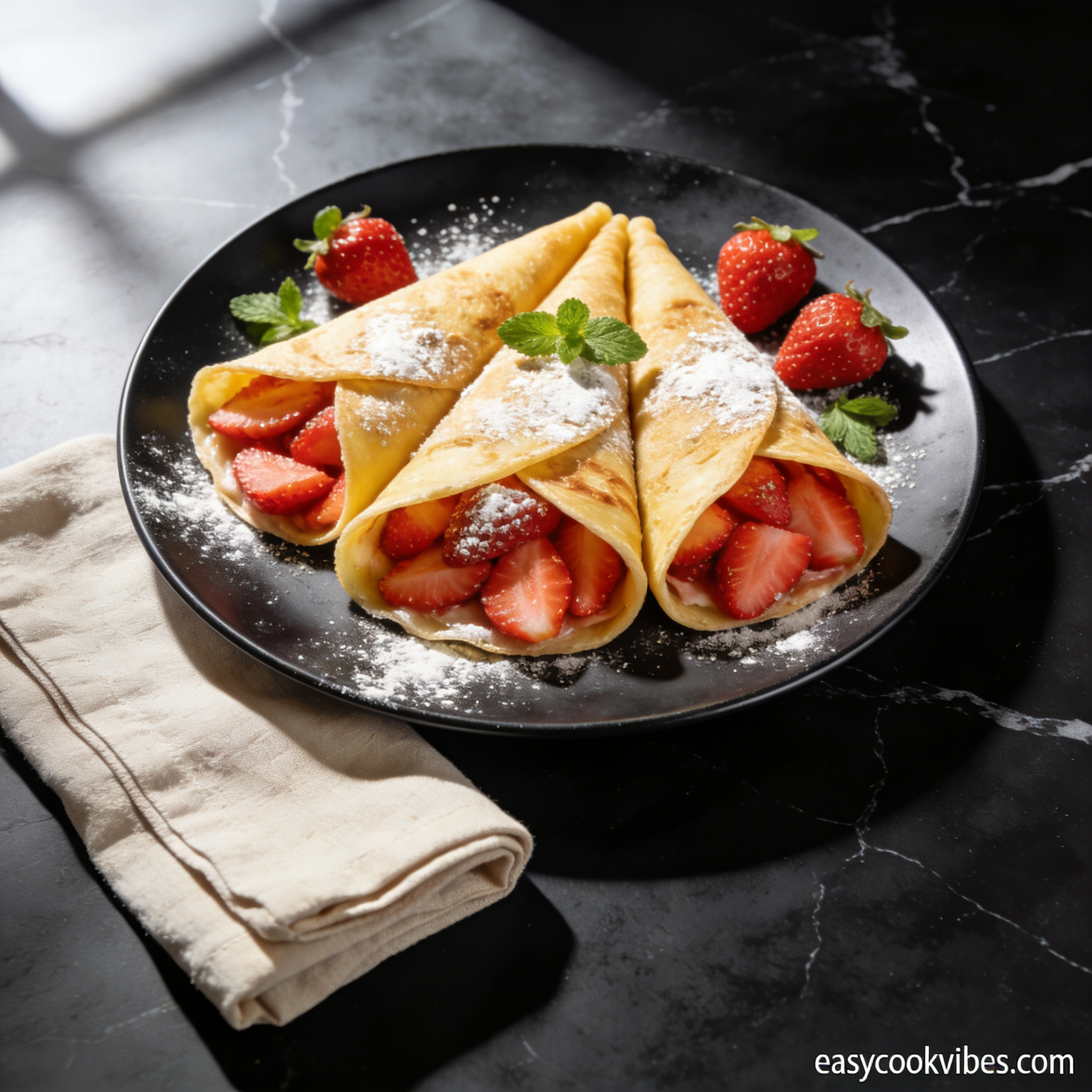 gluten free almond flour crepes dessert with strawberries hero shot — beautifully plated general recipe on black marble countertop