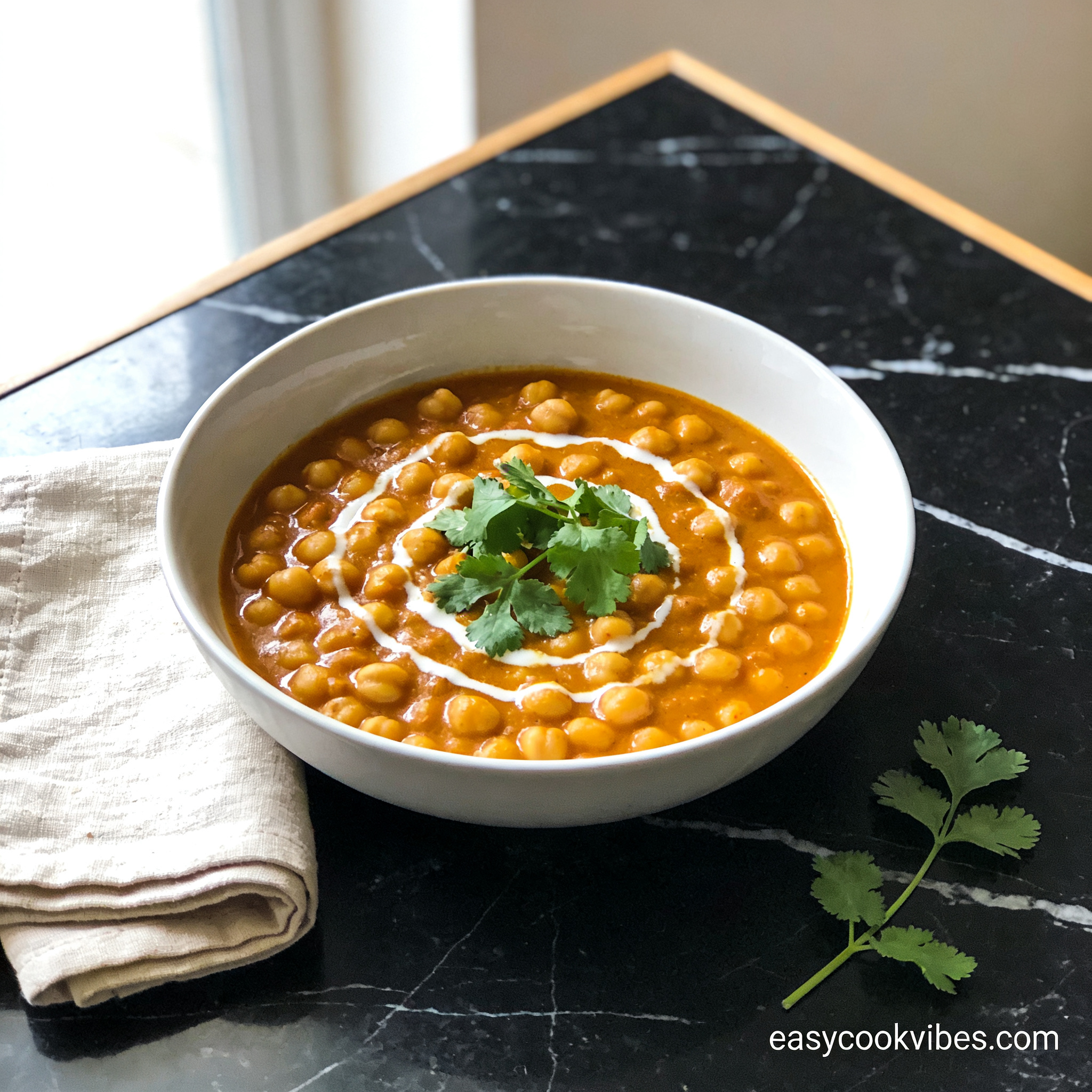 Forty-five degree hero shot of creamy high protein chickpea curry in white bowl garnished with cilantro on black marble countertop