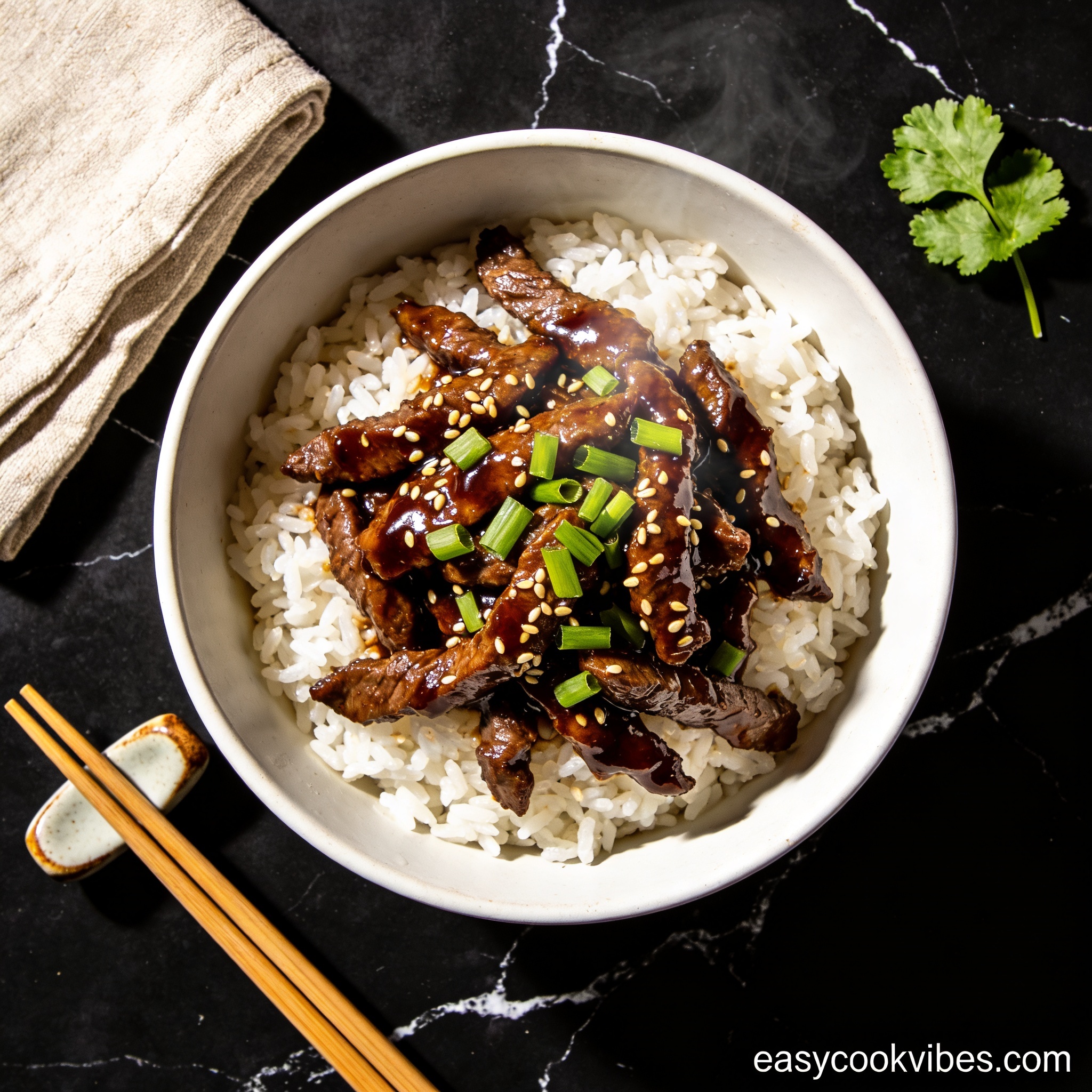 Air fryer Korean beef bulgogi hero shot — glossy caramelized beef over rice on black marble with minimal styling