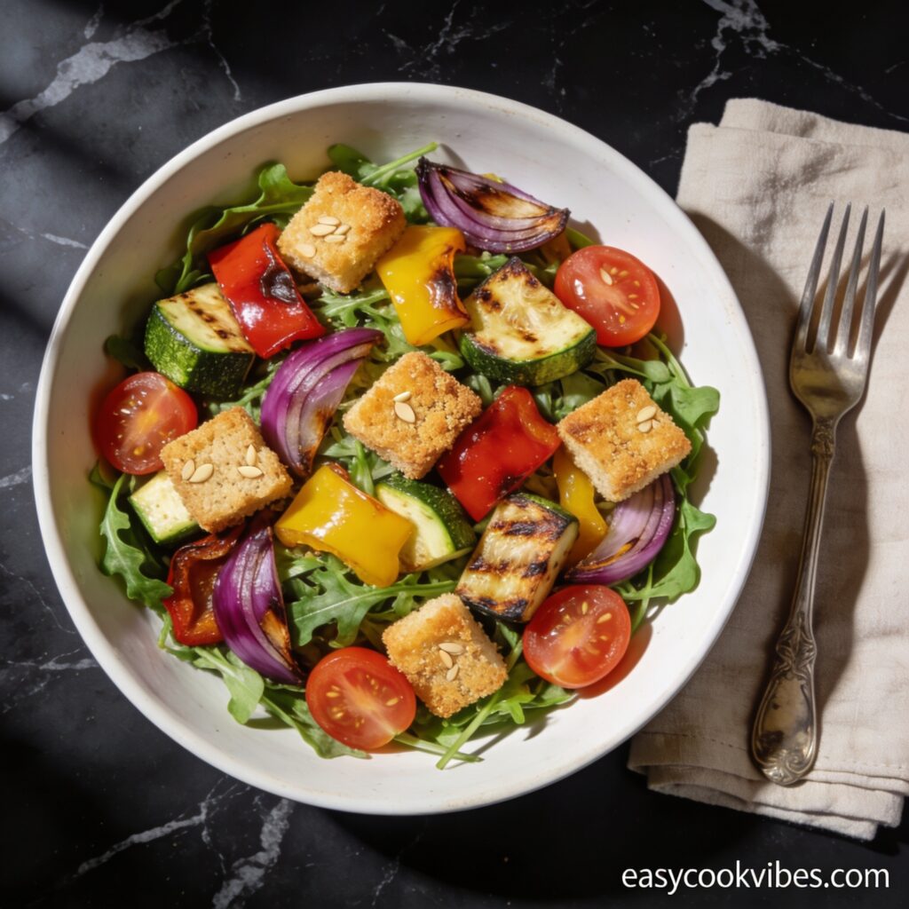 Beautifully plated air fryer roasted vegetable salad with golden almond flour croutons on black marble countertop