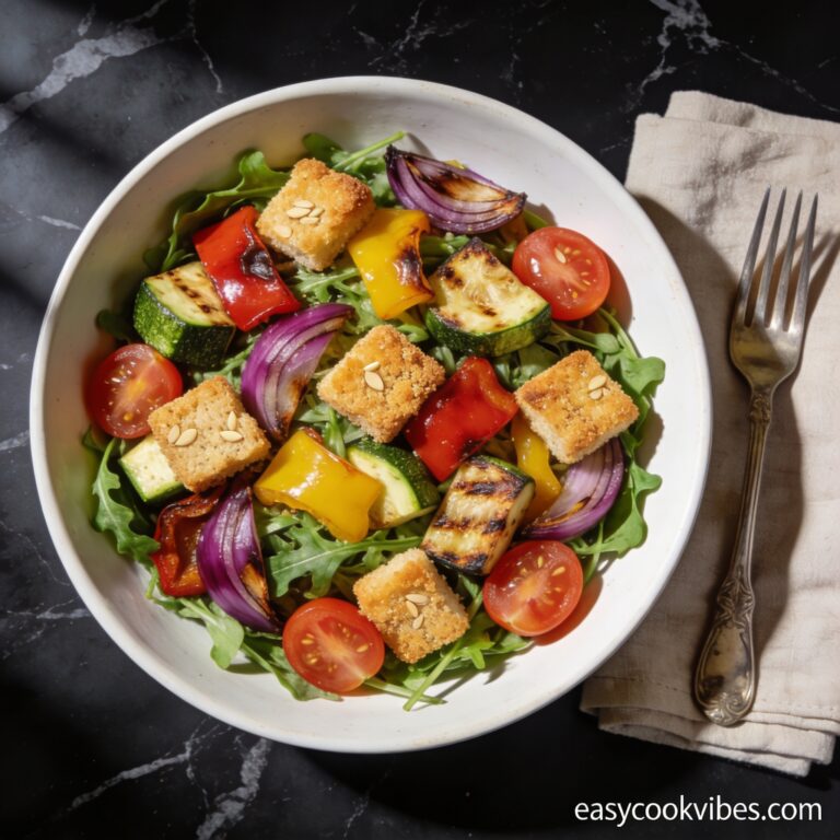 Beautifully plated air fryer roasted vegetable salad with golden almond flour croutons on black marble countertop