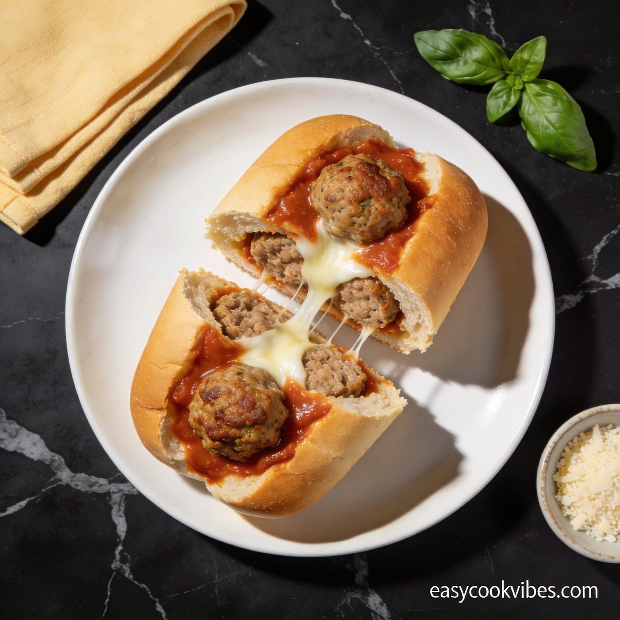 Beautifully styled gluten free turkey meatball sub hero shot with melted mozzarella cheese pull on black marble countertop