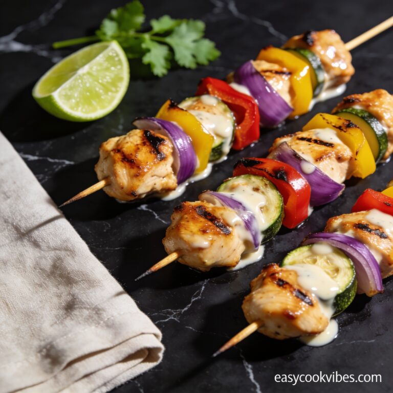 Beautifully plated gluten free chicken and vegetable skewers with coconut milk on black marble countertop