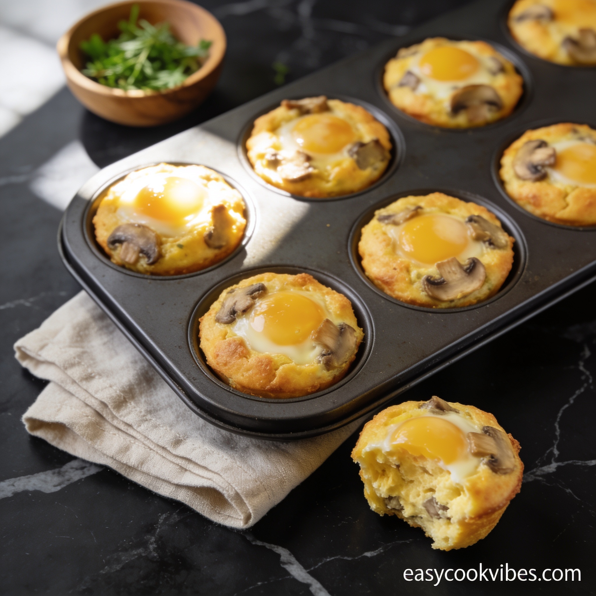 gluten free kid friendly breakfast egg muffins with mushrooms hero shot — beautifully plated general recipe on black marble countertop