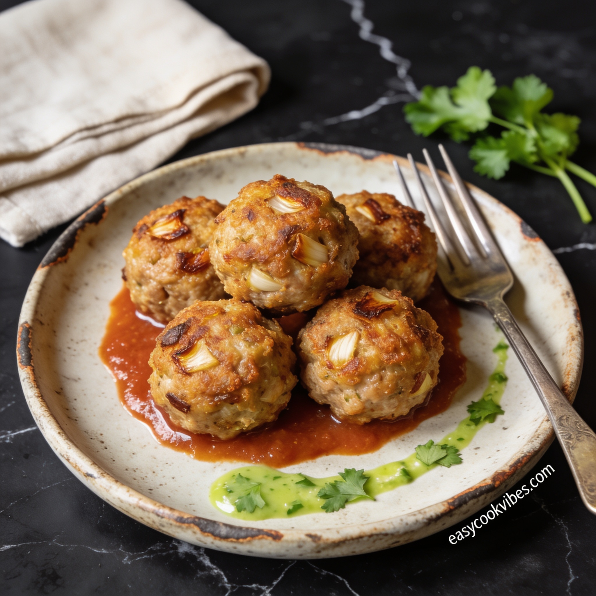 Crispy air fryer turkey meatballs with garlic hero shot — beautifully plated on black marble with marinara and cilantro lime sauce