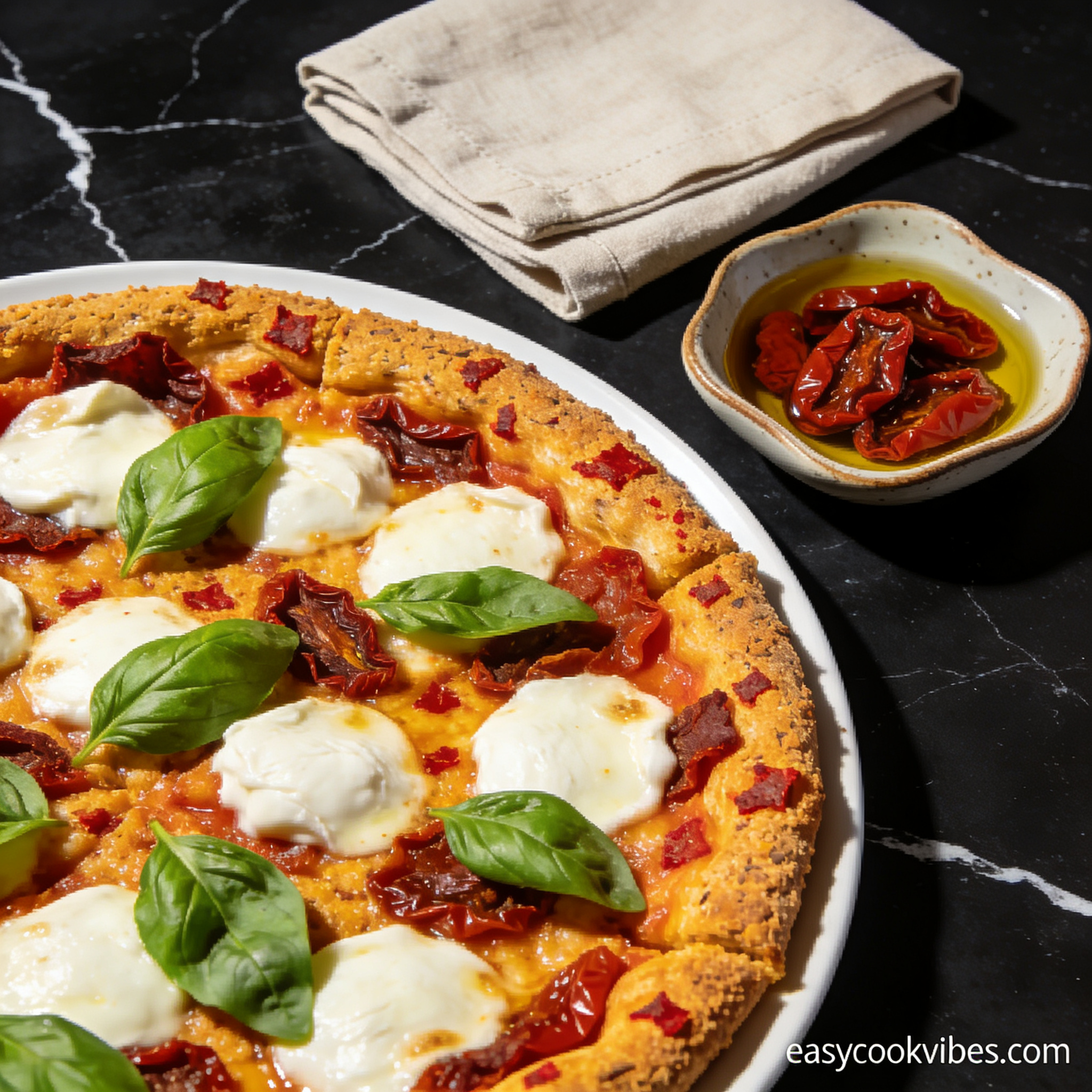 gluten free pizza dough with sun dried tomatoes hero shot — beautifully plated general recipe on black marble countertop