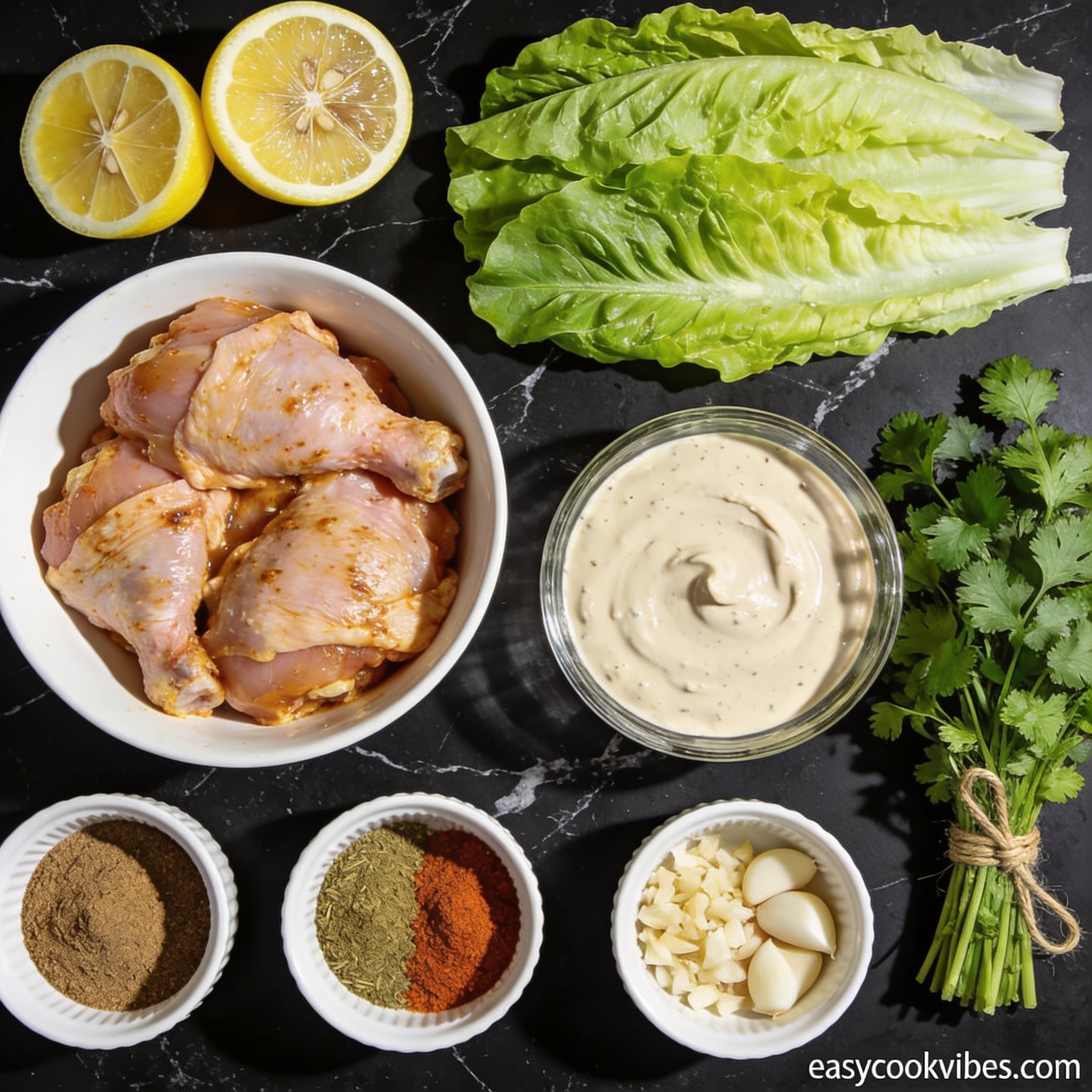 Raw ingredients for gluten free grilled chicken shawarma with tahini arranged in proper containers on black marble - chicken, spices, tahini, lettuce, herbs