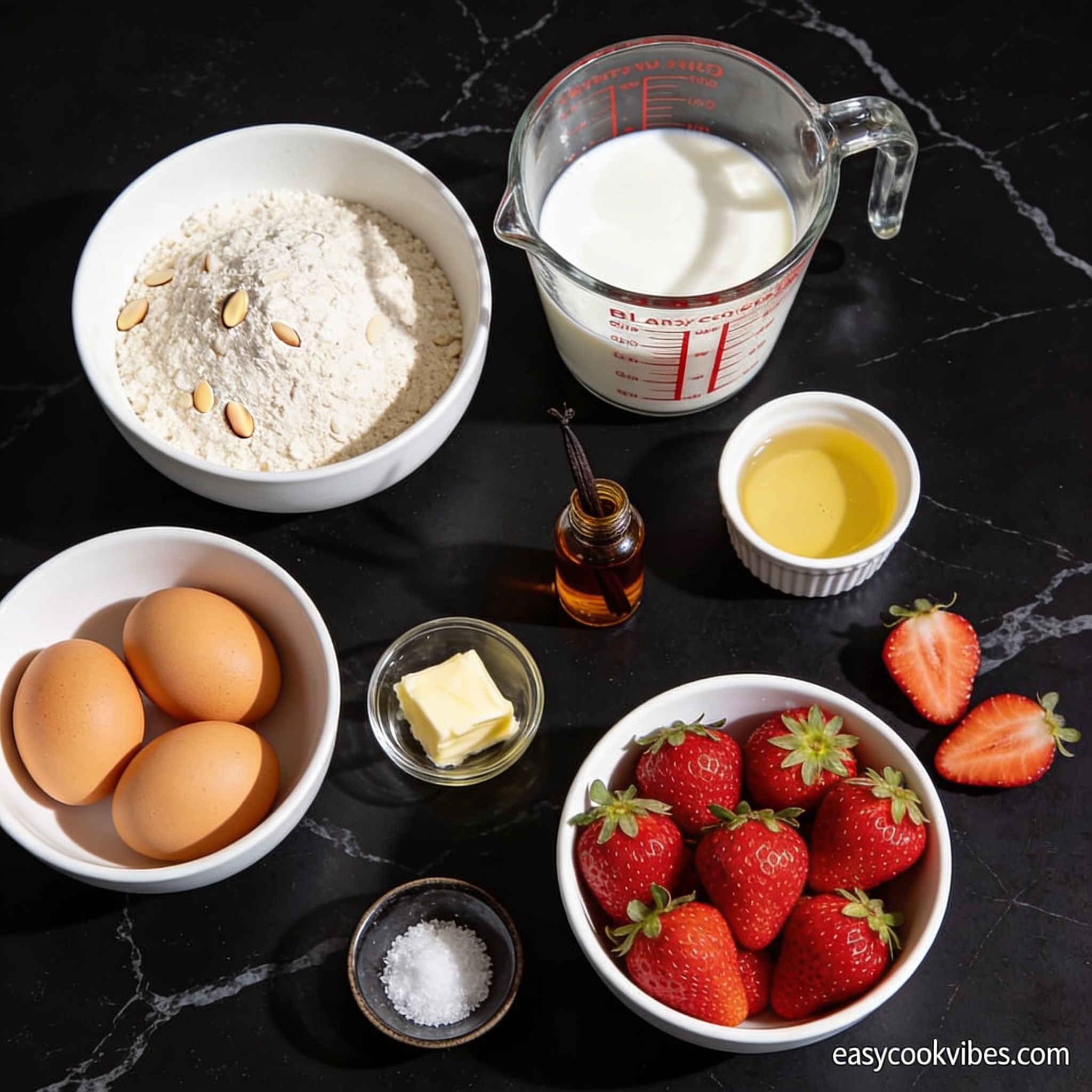 All ingredients for gluten free almond flour crepes dessert with strawberries arranged in proper containers on black marble
