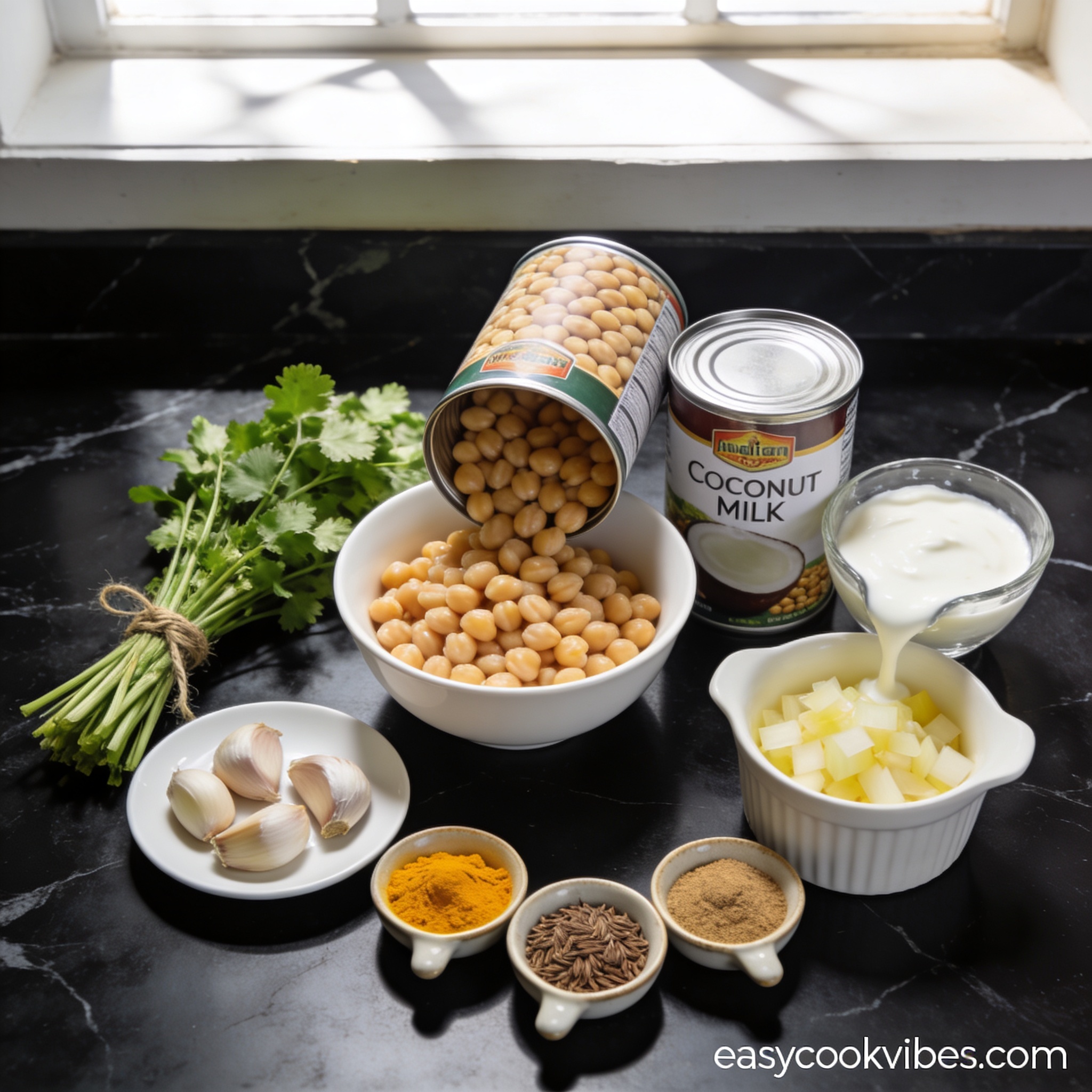 Overhead flat lay of high protein chickpea curry ingredients with chickpeas in white bowl, coconut milk, diced onion, garlic, and indian spices in ceramic ramekins on black marble