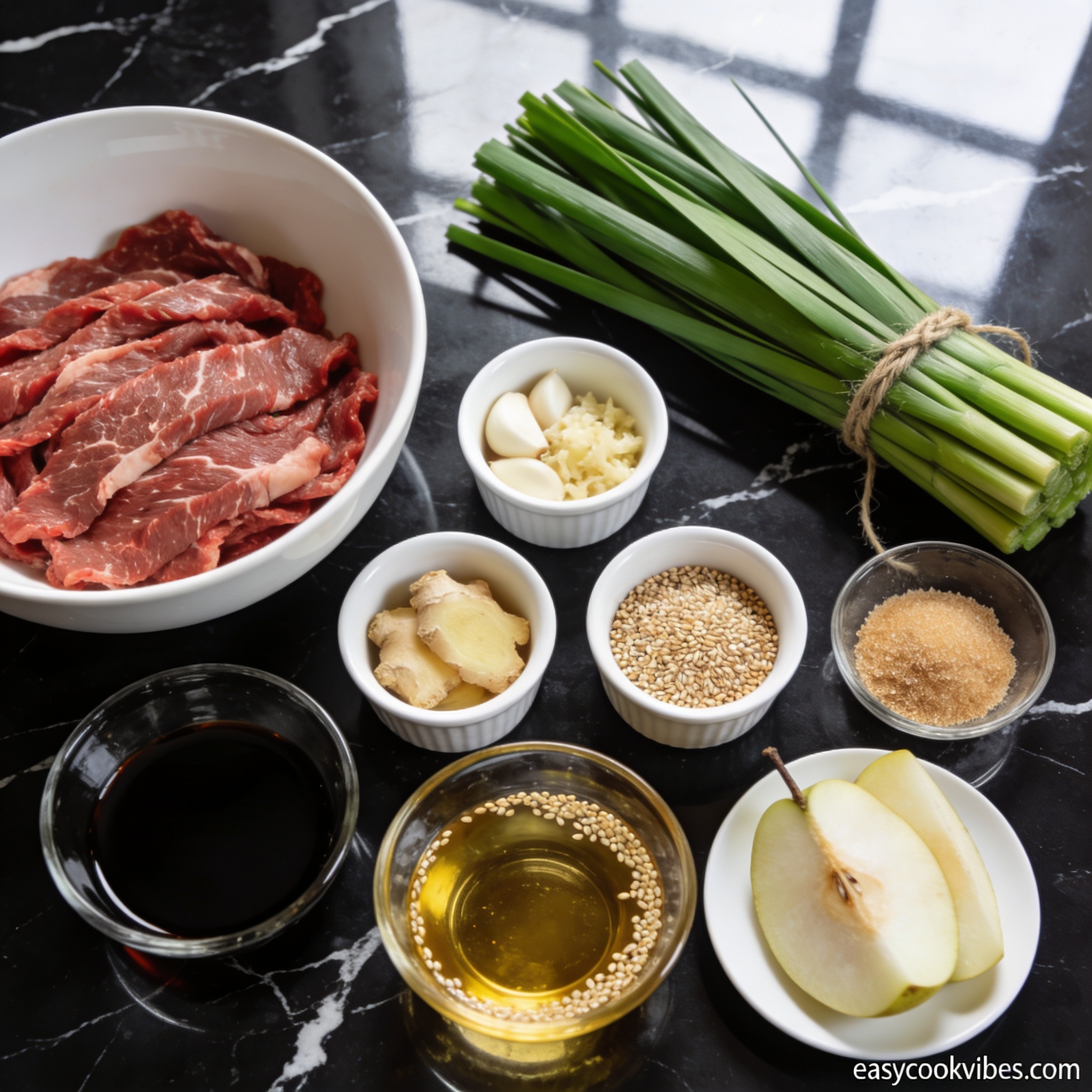 Raw ingredients for air fryer Korean beef bulgogi arranged in proper containers on black marble including sliced ribeye, garlic, ginger, and soy sauce
