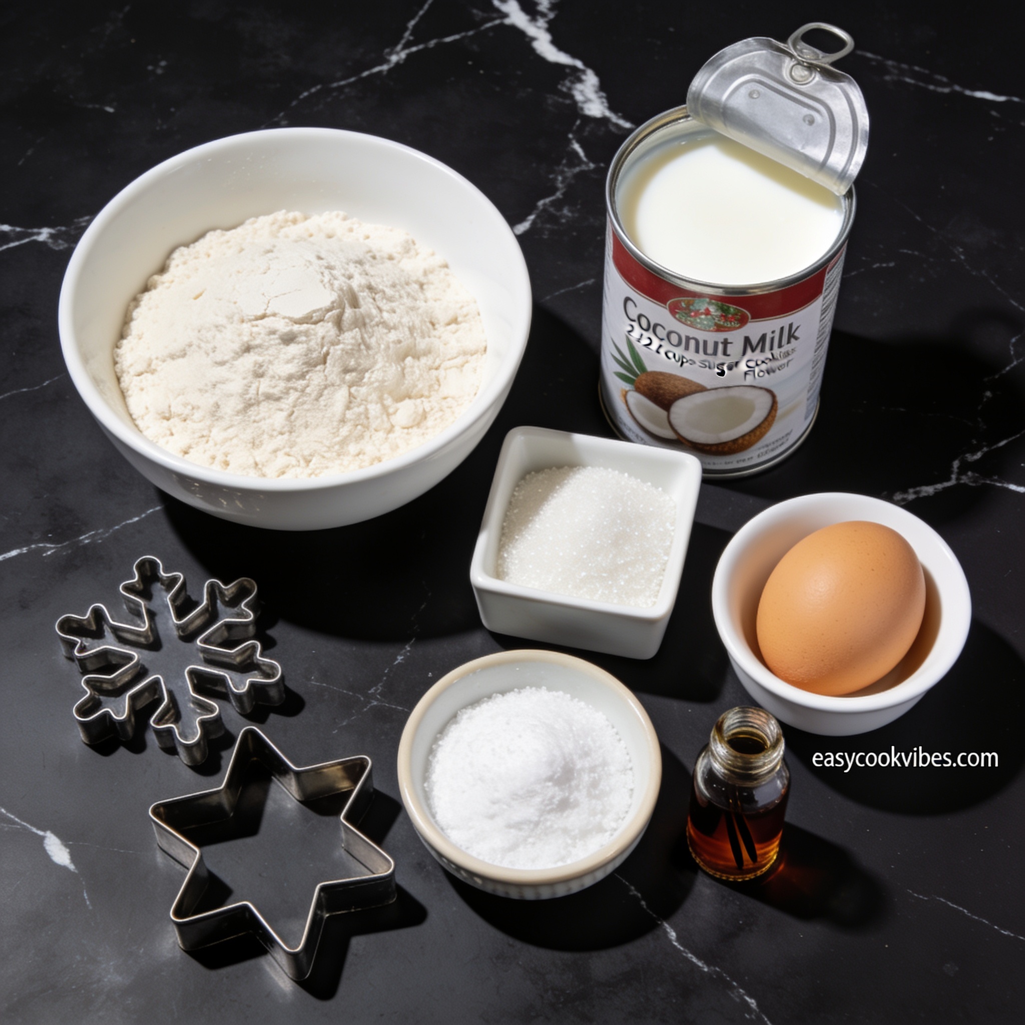 Top-down flat lay of gluten free sugar cookie ingredients including coconut milk, gf flour, sugars, and egg on black marble