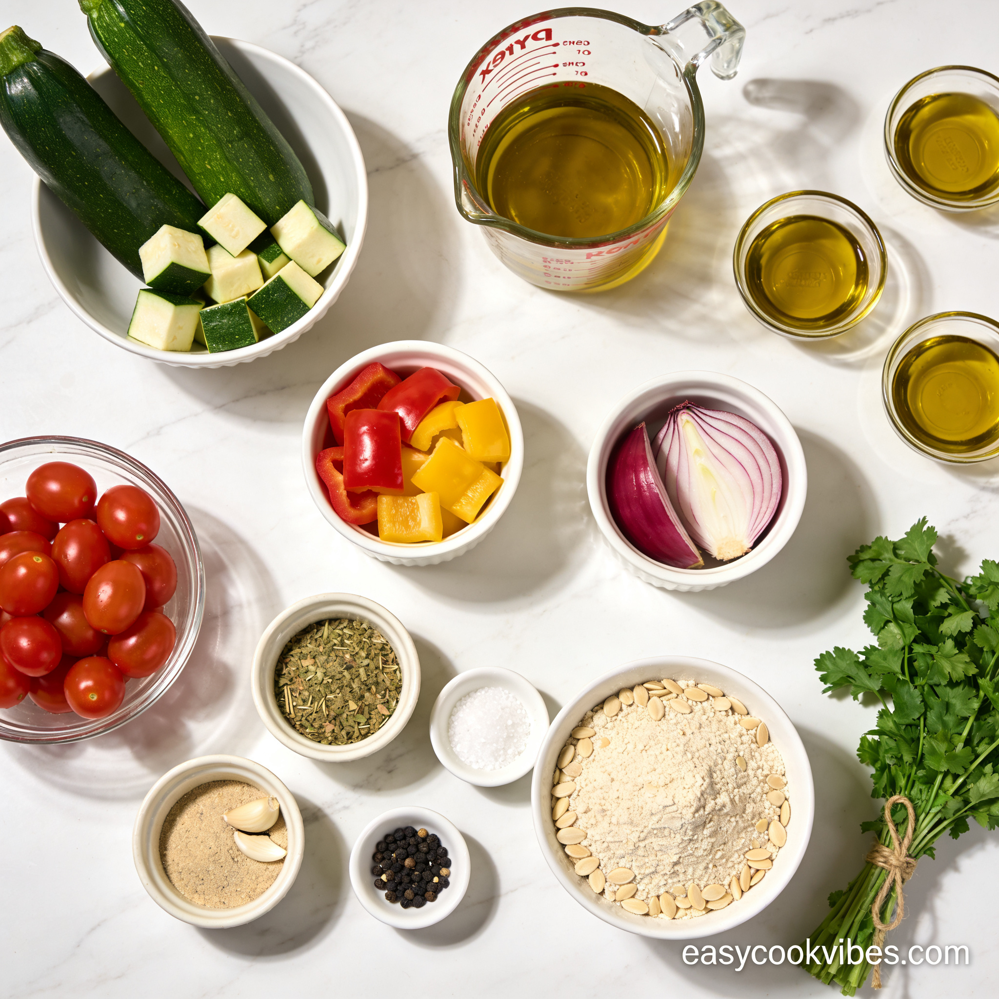 Raw ingredients for air fryer roasted vegetable salad with almond flour croutons neatly arranged in proper containers on white marble