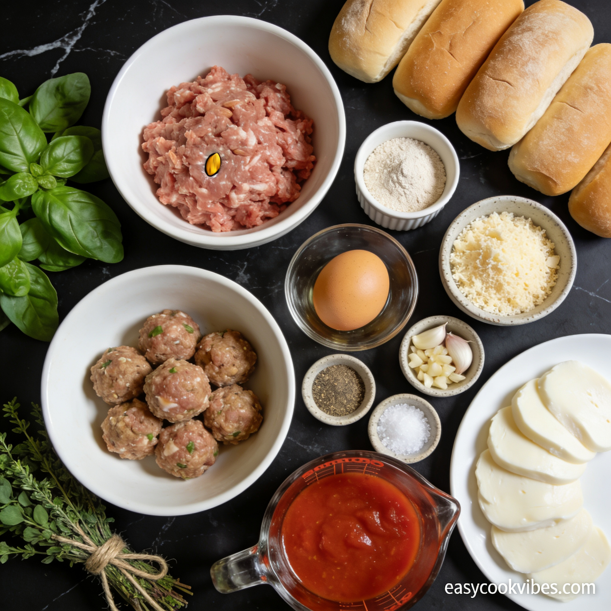 Gluten free turkey meatball sub ingredients flat lay with ground turkey, almond flour, egg, parmesan, and fresh herbs in proper containers on black marble