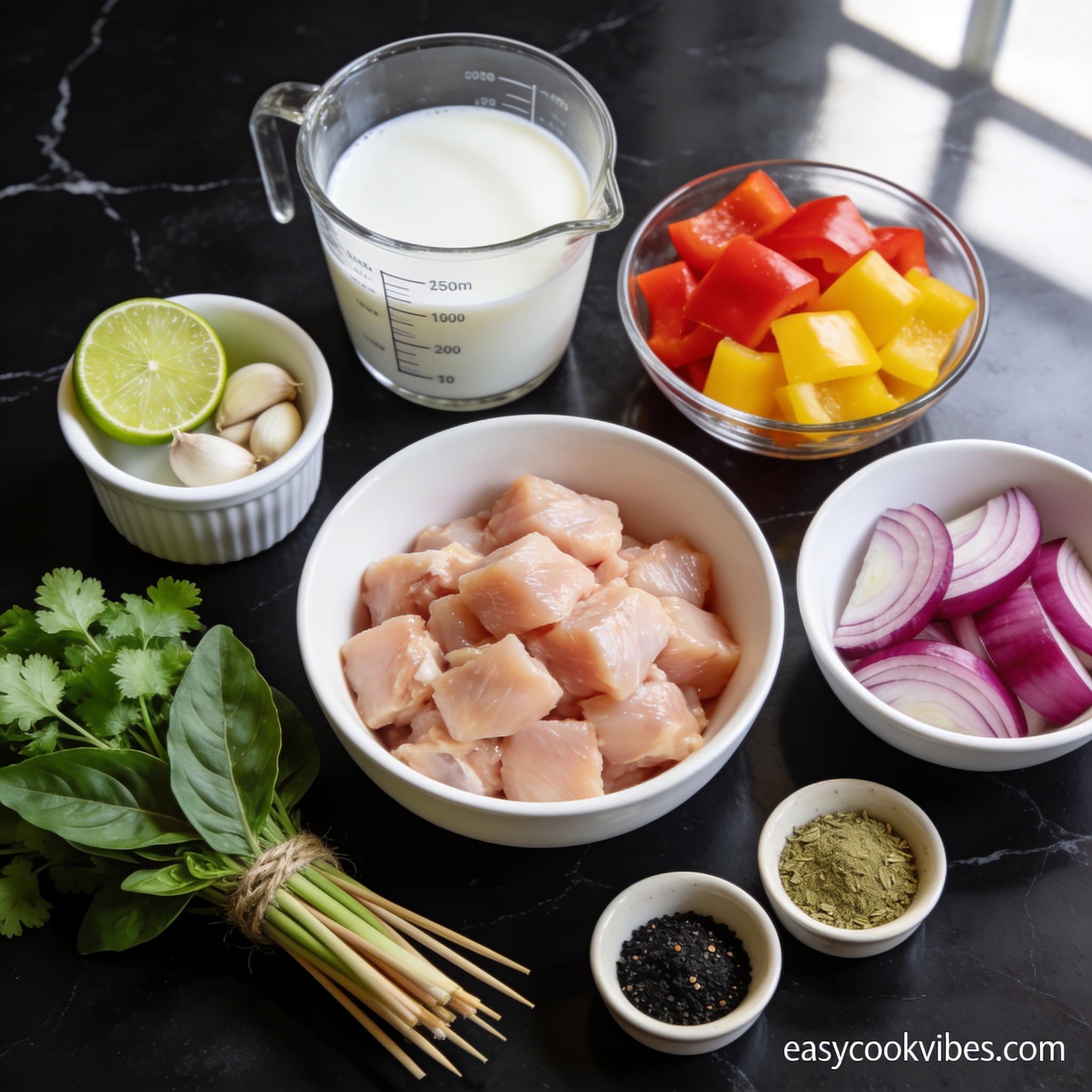 Raw ingredients for gluten free chicken and vegetable skewers with coconut milk arranged in proper containers on black marble