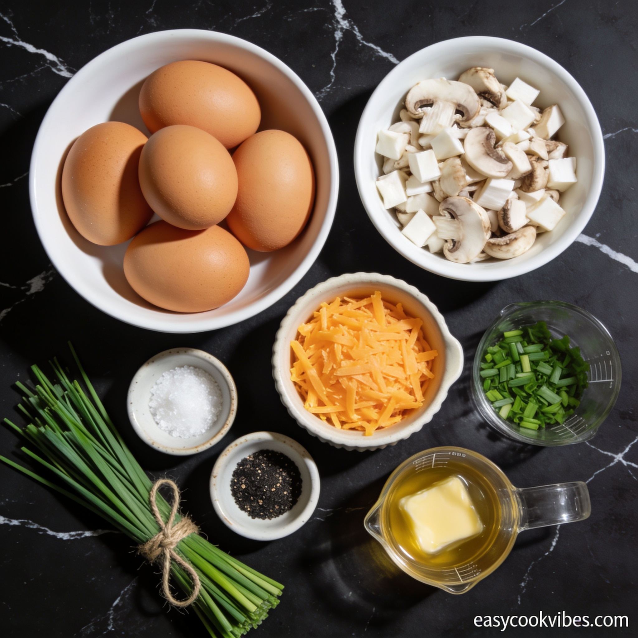 All ingredients for gluten free kid friendly breakfast egg muffins with mushrooms arranged in proper containers on black marble