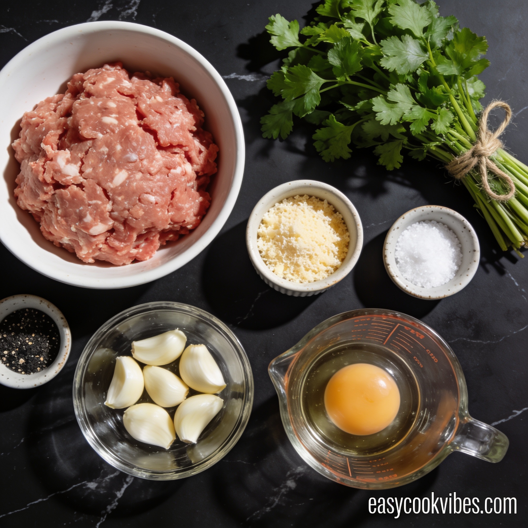 Raw ingredients for air fryer turkey meatballs with garlic arranged in proper containers on black marble
