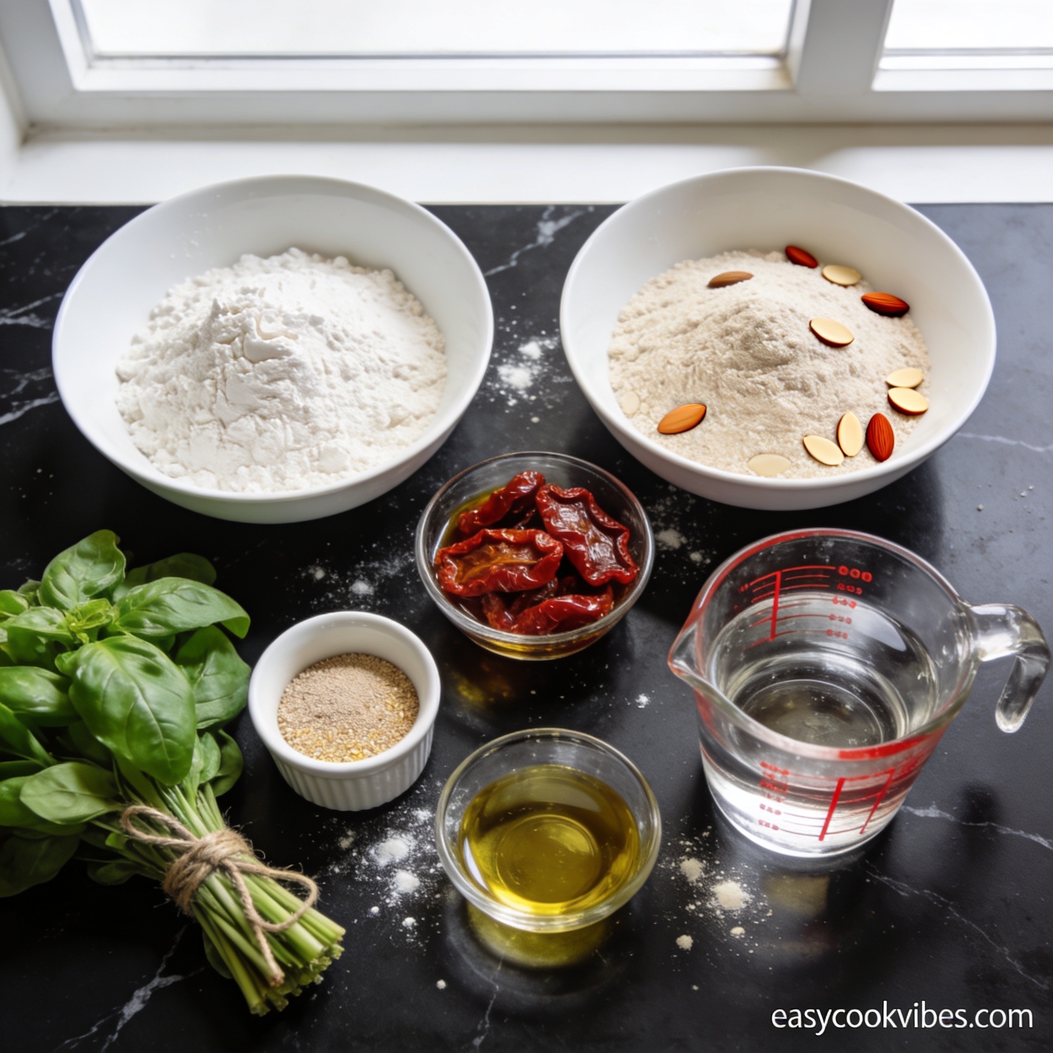 All ingredients for gluten free pizza dough with sun dried tomatoes arranged in proper containers on black marble