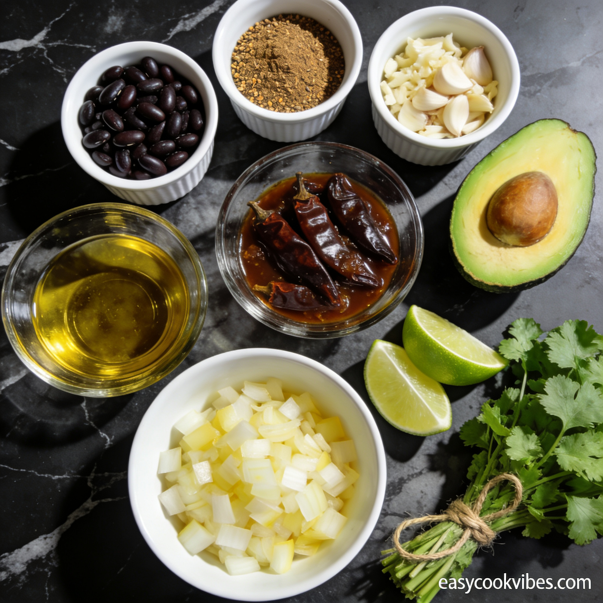 All ingredients for gluten free spicy black bean soup with avocado arranged in proper containers on black marble including black beans, cumin, chipotle, and fresh avocado